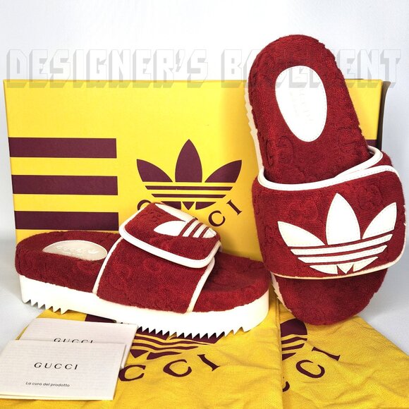 GUCCI x Adidas woman 36 EU- 6 US Red GG Sponge & Trefoil platform Slide sandals - Picture 2 of 14